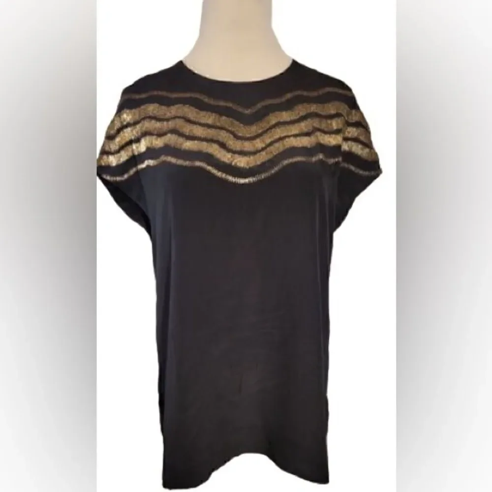RUNGOLEE- Women’s Black Silk Blouse w Gold Beaded Design, Size Small - Picture 8 of 9
